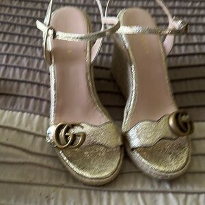 Gucci Metallic Gold Wedge Sandals